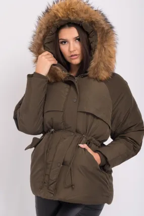 Khaki Luxury Fur Padded Stopper Drawstring Coat