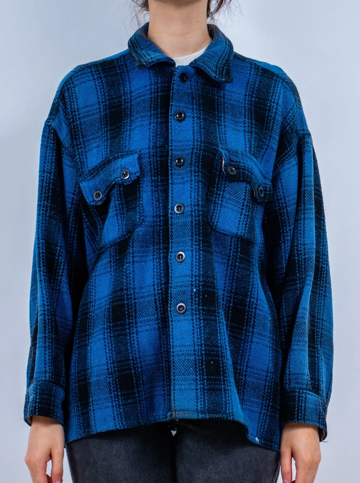 1940s LUMBER KING Buffalo Black and Blue Plaid Shacket