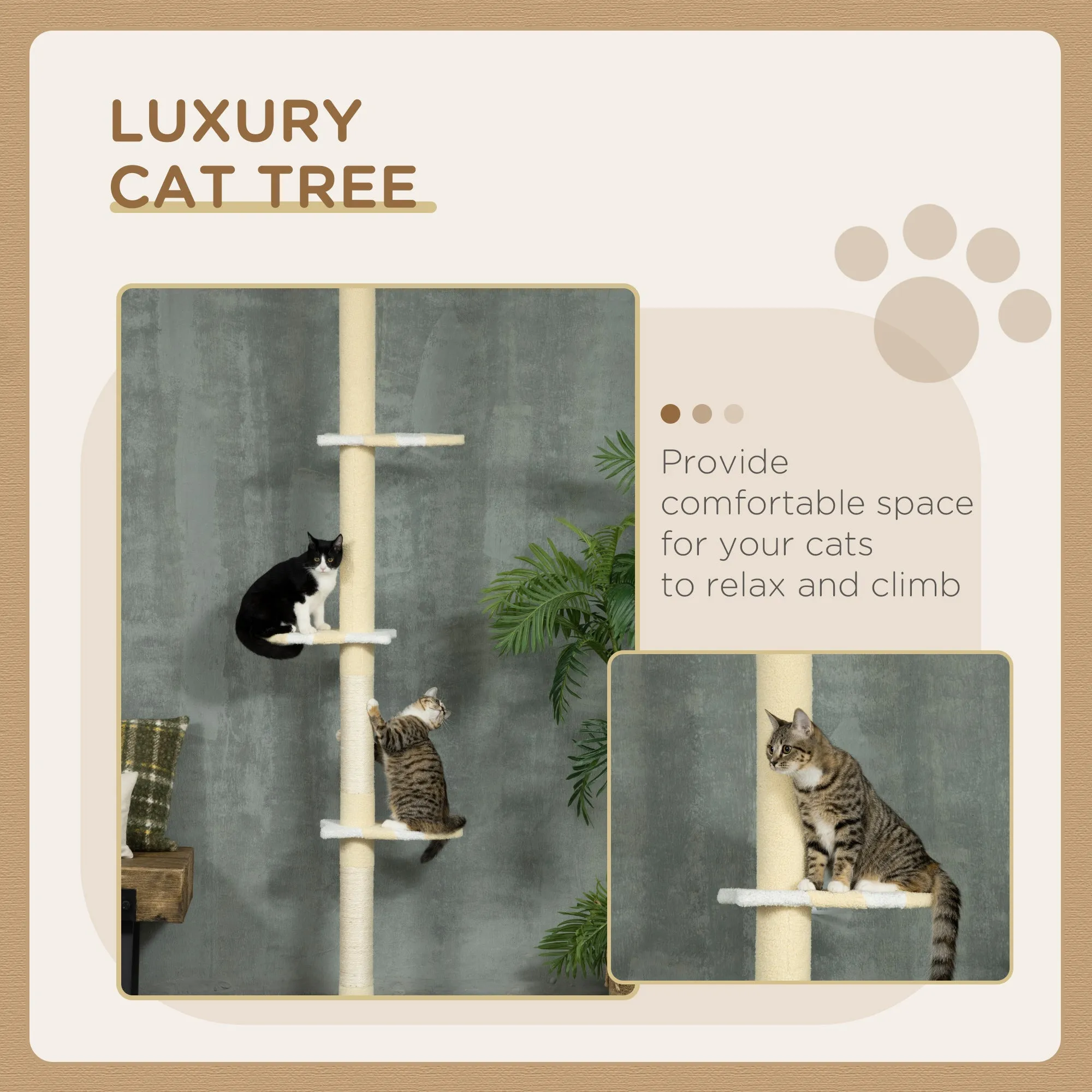 260cm Floor to Ceiling Cat Tree, Height Adjustable Kitten Tower with Anti-slip Kit, Multi-Layer Activity Centre w/ Fish-shaped Perches Scratching Post Ball Toy - Yellow