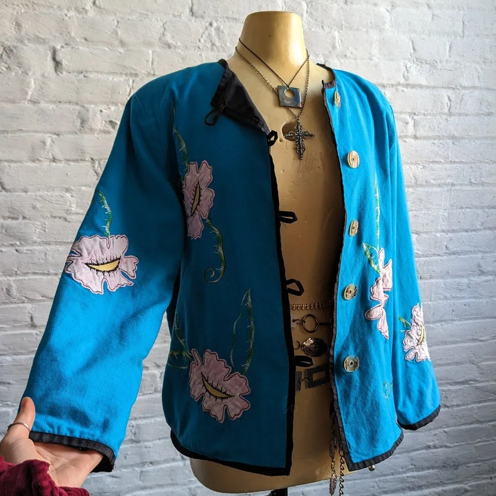 90s Vintage Patchwork Floral Embroidered Asian Inspired Jacket Shacket Blazer