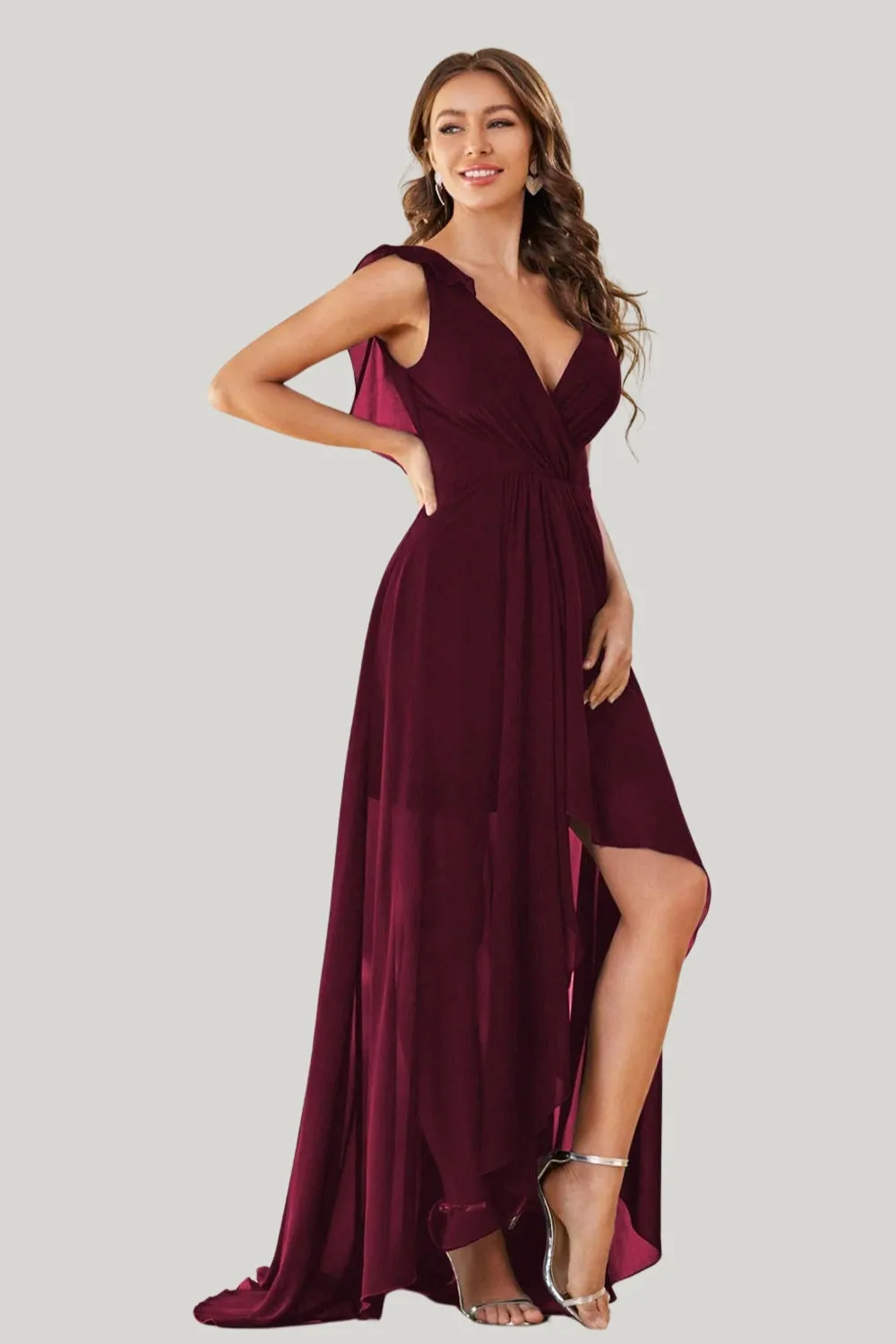 A Line Burgundy V Neck Chiffon High Low Maxi Dress