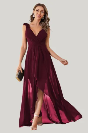 A Line Burgundy V Neck Chiffon High Low Maxi Dress