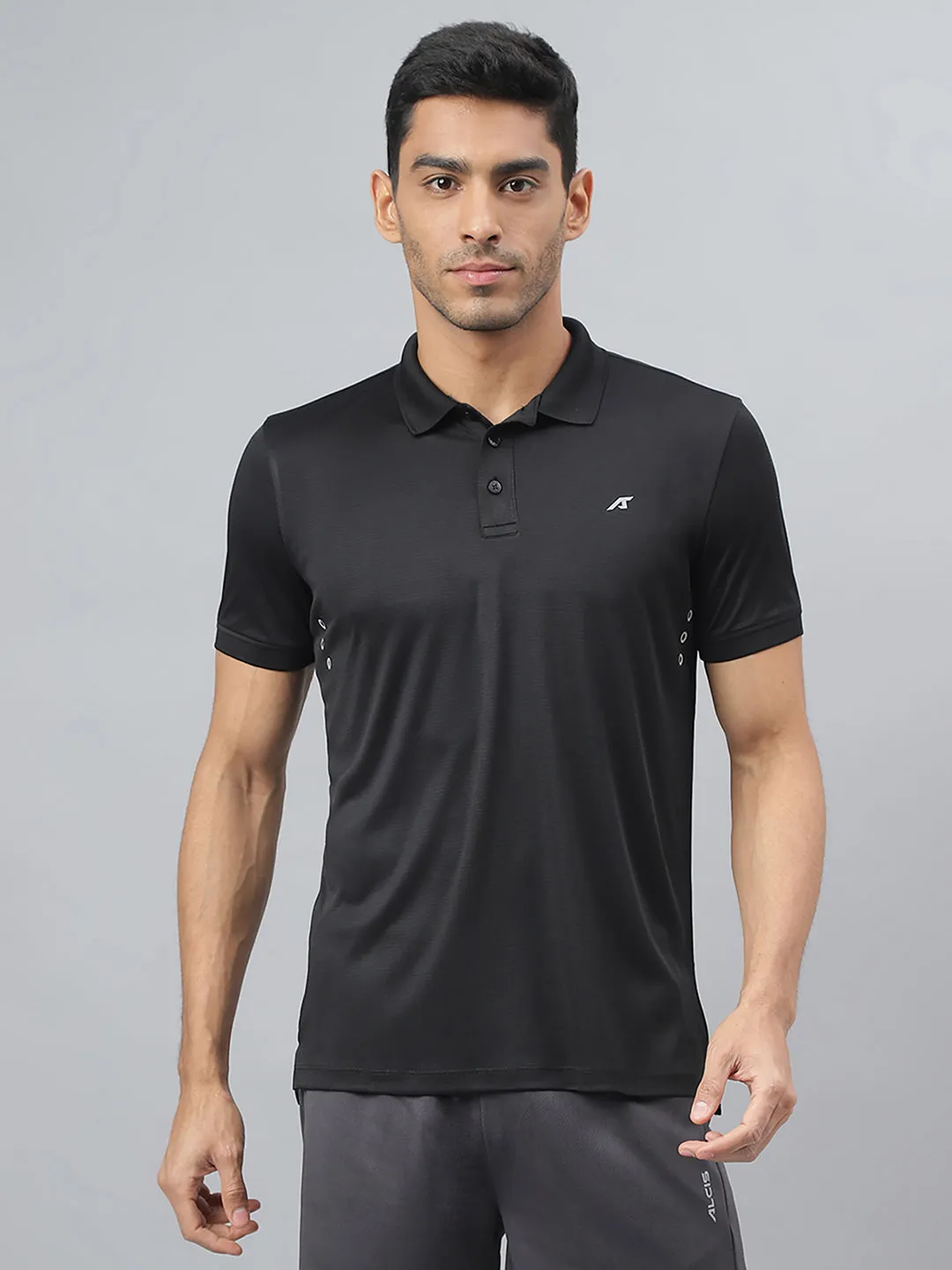 Alcis Men Black Drytech  Anti-Static Slim-Fit Running Polo T-Shirt