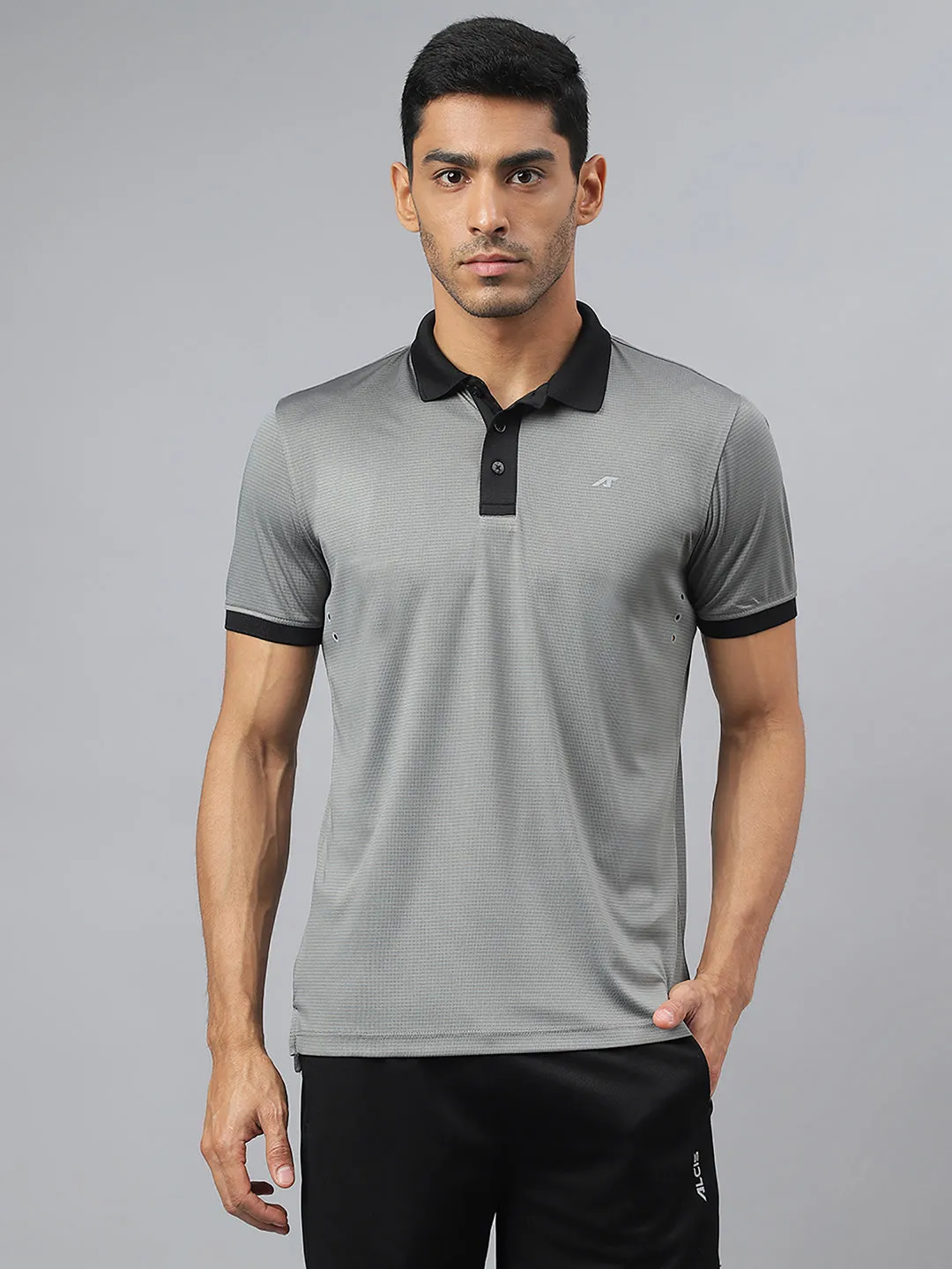 Alcis Men Dark Grey Drytech  Anti-Static Slim-Fit Running Polo T-Shirt