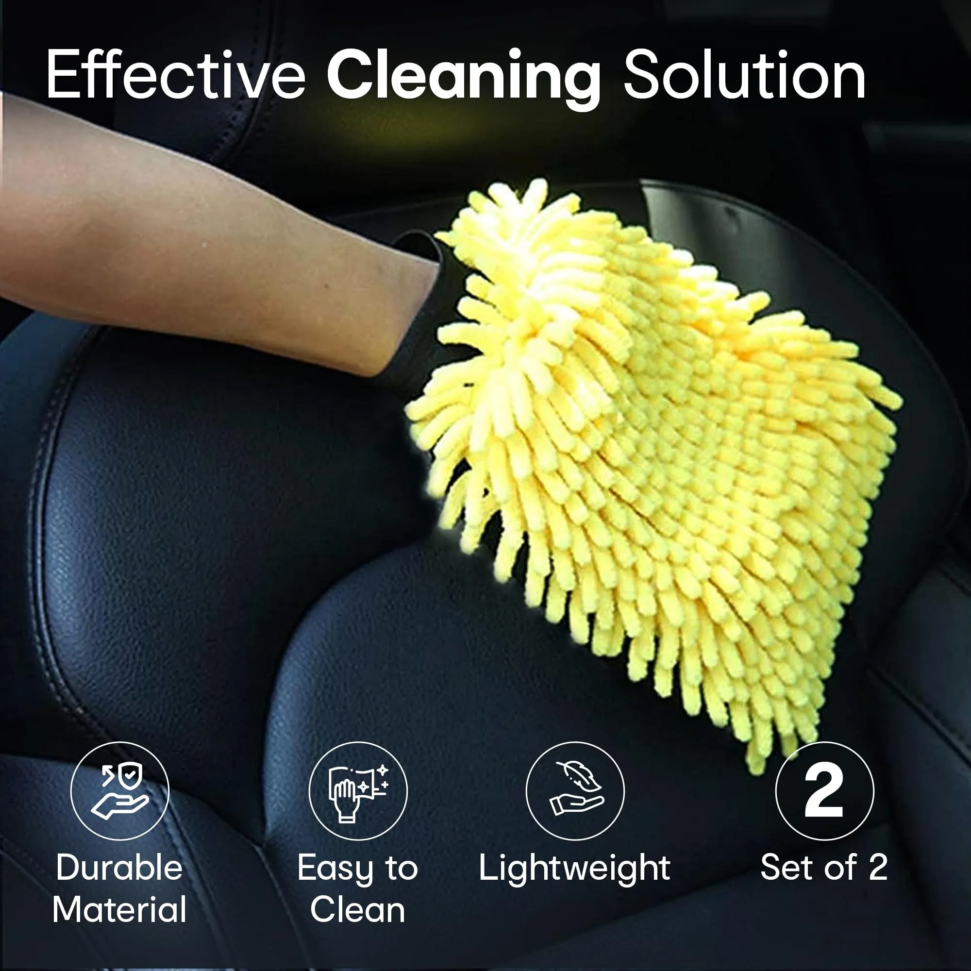 Anko Noodle Cleaning Gloves - Set of 2 | Lightweight Microfiber car wash mitt | Highly Absorbent dust & Dirt Cleaning Accessory for Cars, Window, Kitchen, Home Dusting | 17 x 27cm, Yellow