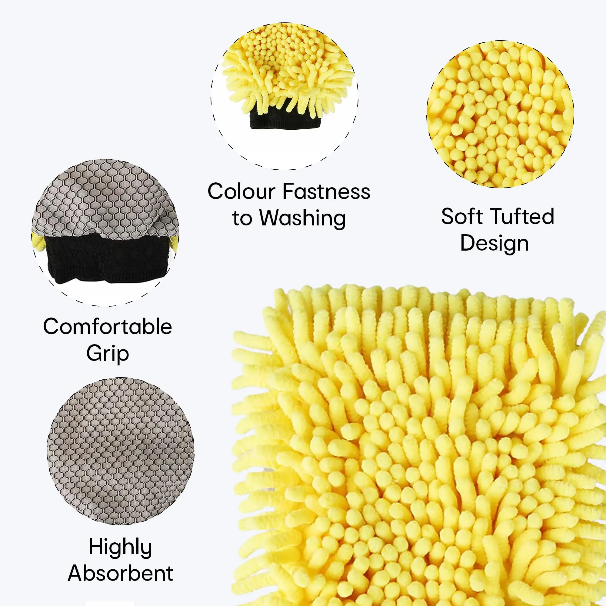 Anko Noodle Cleaning Gloves - Set of 2 | Lightweight Microfiber car wash mitt | Highly Absorbent dust & Dirt Cleaning Accessory for Cars, Window, Kitchen, Home Dusting | 17 x 27cm, Yellow