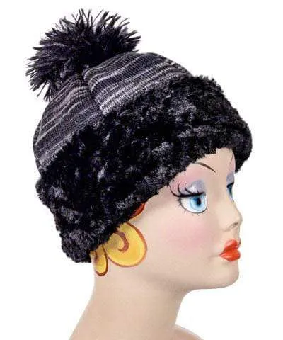 Beanie Hat, Reversible - Sweet Stripes in Blackberry Cobbler  Cuddly Black Faux Fur