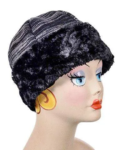 Beanie Hat, Reversible - Sweet Stripes in Blackberry Cobbler  Cuddly Black Faux Fur