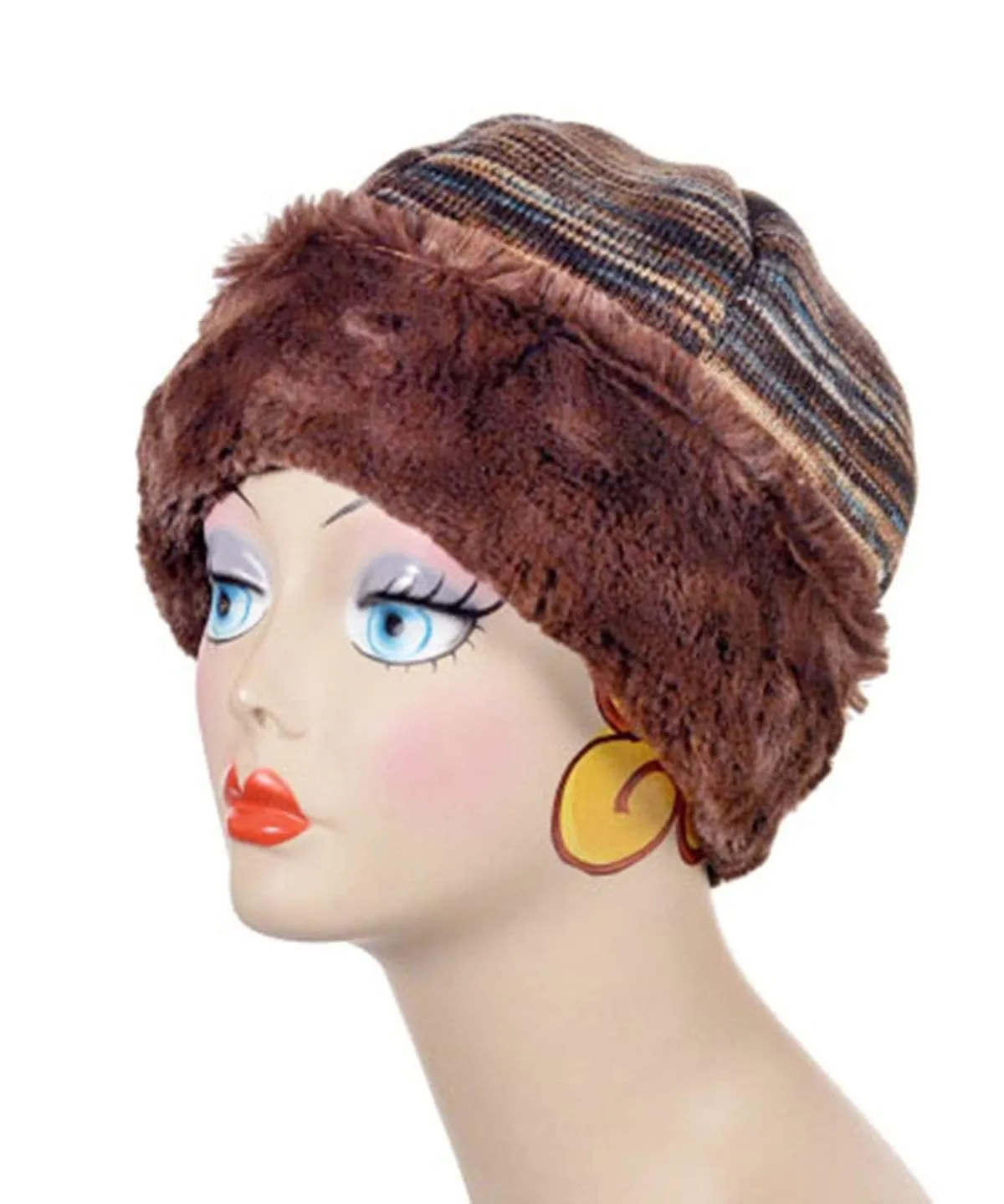 Beanie Hat, Reversible - Sweet Stripes in English Toffee with Cuddly Chocolate  Faux Fur