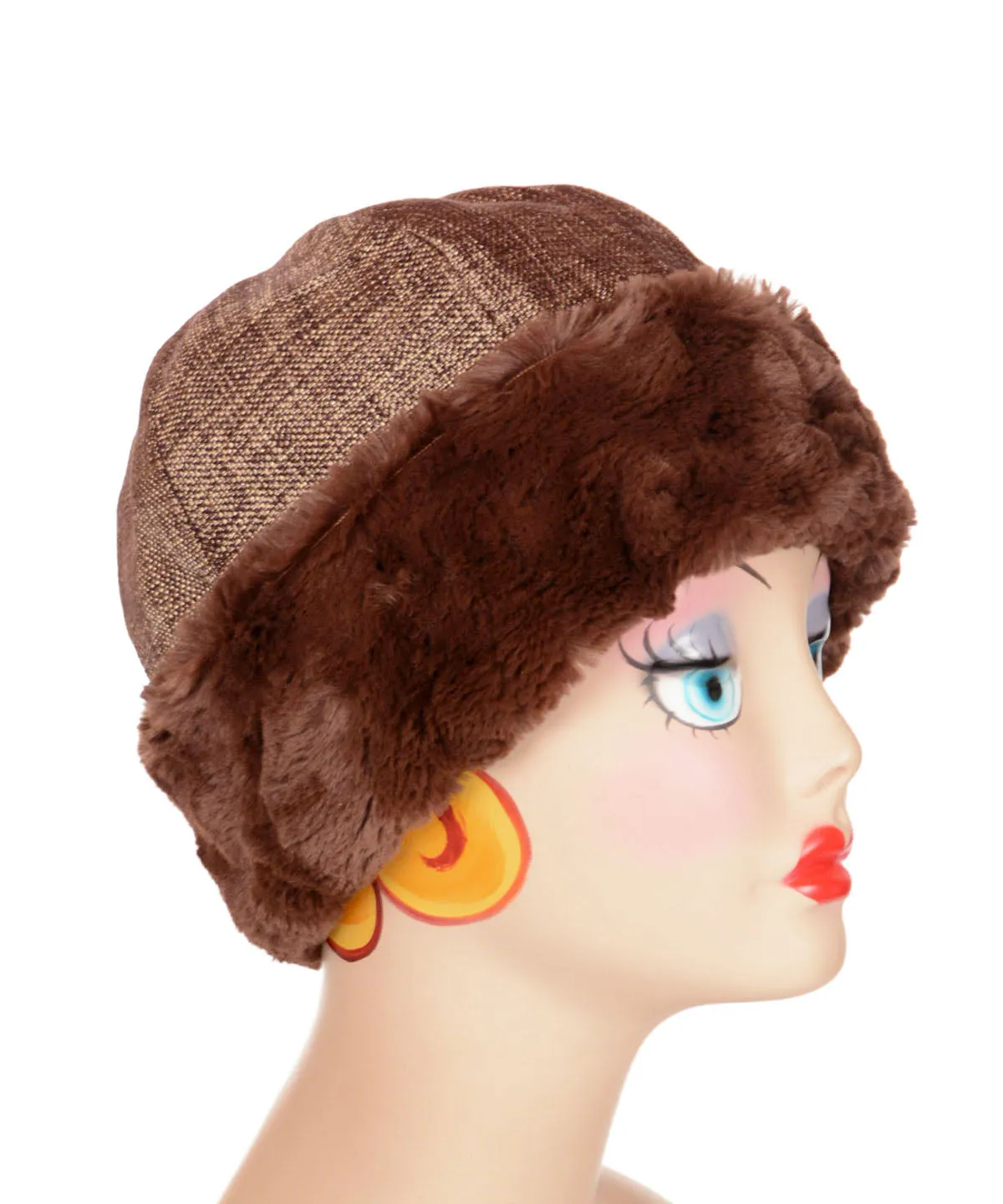 Beanie Hat, Structured - Liam in Brown Upholstery with Cuddly Faux Fur in Chocolate (One Medium Left!)