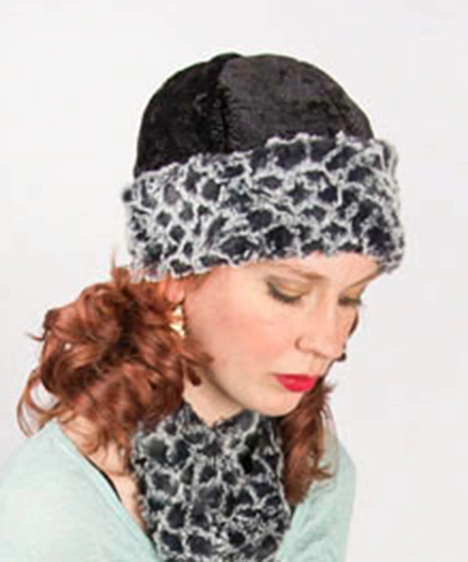 Beanie Hat, Structured - Pebbles in Black Upholstery with Luxury Faux Fur in Snow Owl (SOLD OUT)