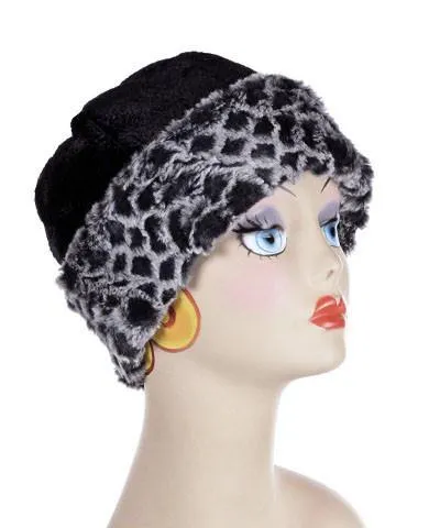 Beanie Hat, Structured - Pebbles in Black Upholstery with Luxury Faux Fur in Snow Owl (SOLD OUT)