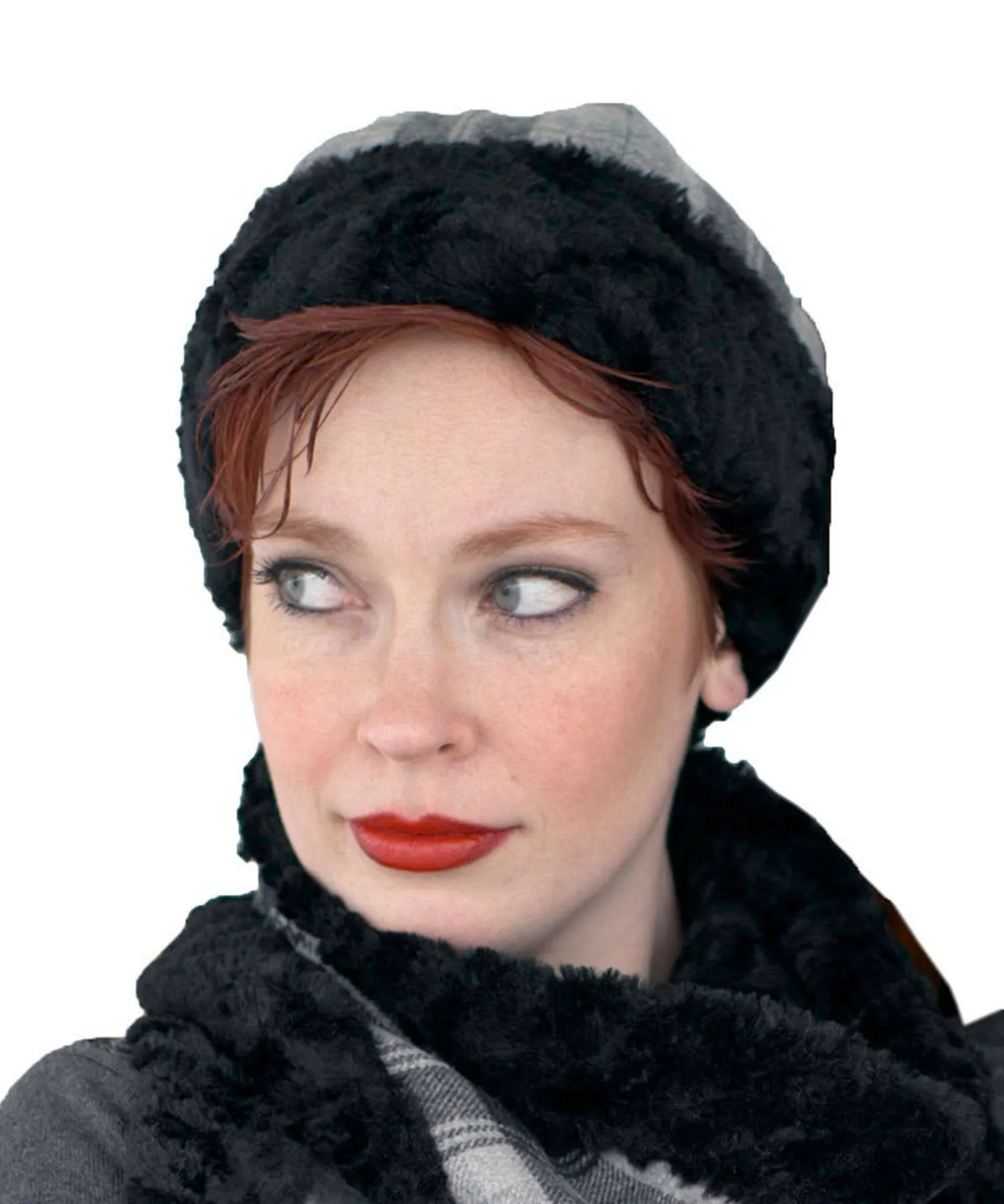 Beanie Hat, Structured - Wool Plaid in Twilight with Cuddly Faux Fur (Only Two Left!)