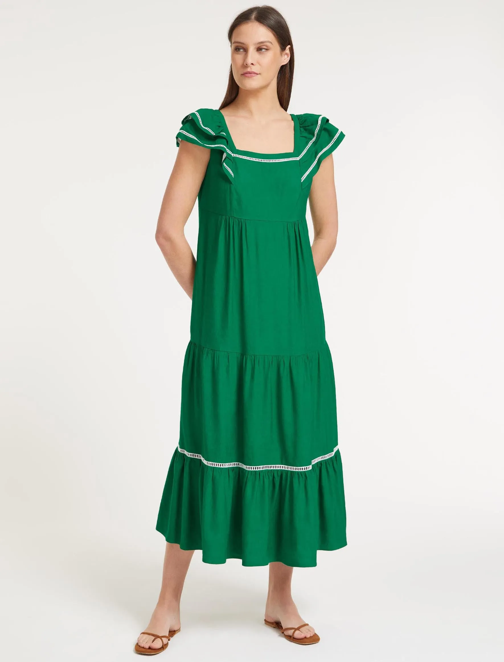 Bella Linen Blend Maxi Dress - Emerald Green White