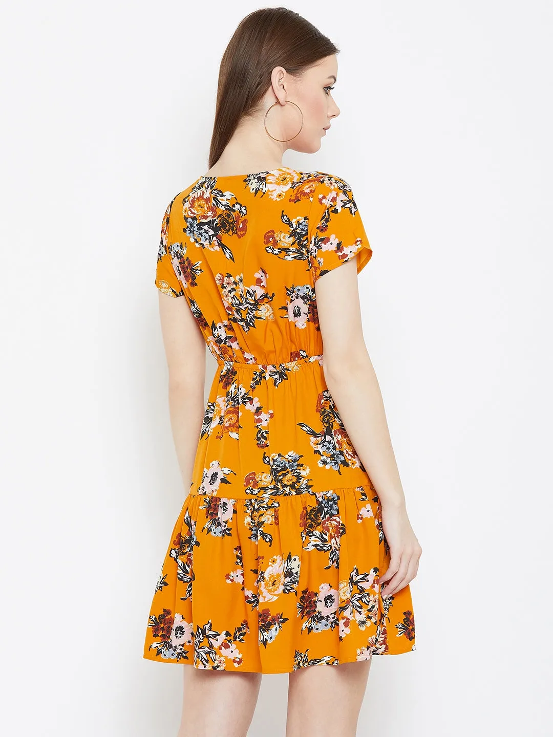 Berrylush Women Mustard Orange Floral Printed V-Neck Flared Mini Empire Dress