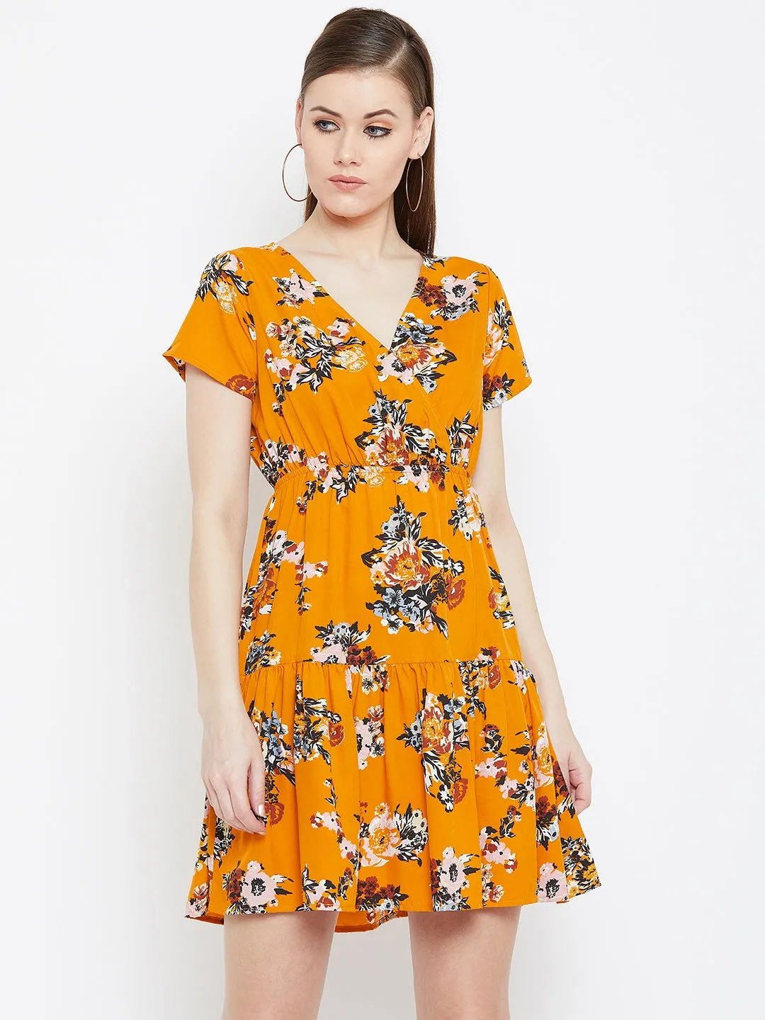 Berrylush Women Mustard Orange Floral Printed V-Neck Flared Mini Empire Dress