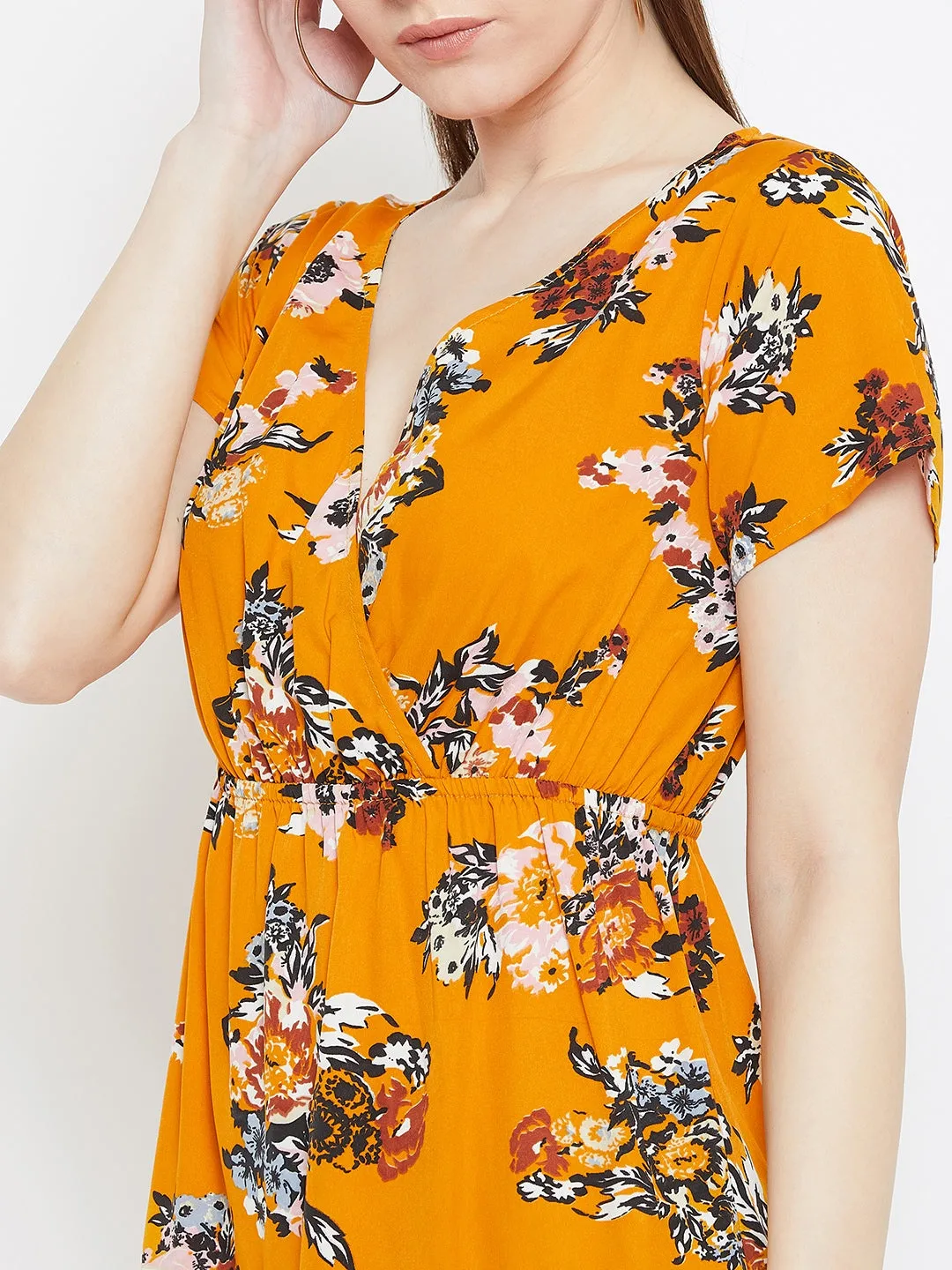 Berrylush Women Mustard Orange Floral Printed V-Neck Flared Mini Empire Dress