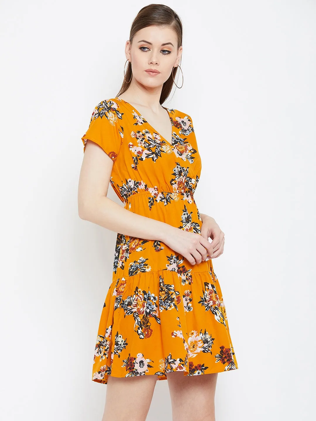 Berrylush Women Mustard Orange Floral Printed V-Neck Flared Mini Empire Dress