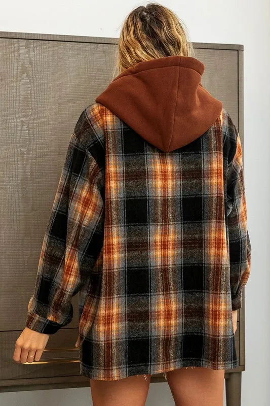 BETTY BRUSHED VINTAGE PLAID FLEECE HOOD SHIRT S-XL