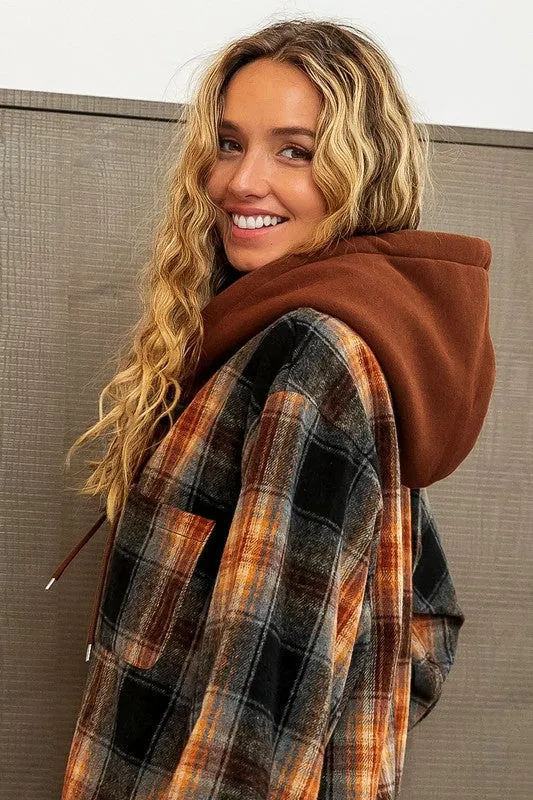 BETTY BRUSHED VINTAGE PLAID FLEECE HOOD SHIRT S-XL