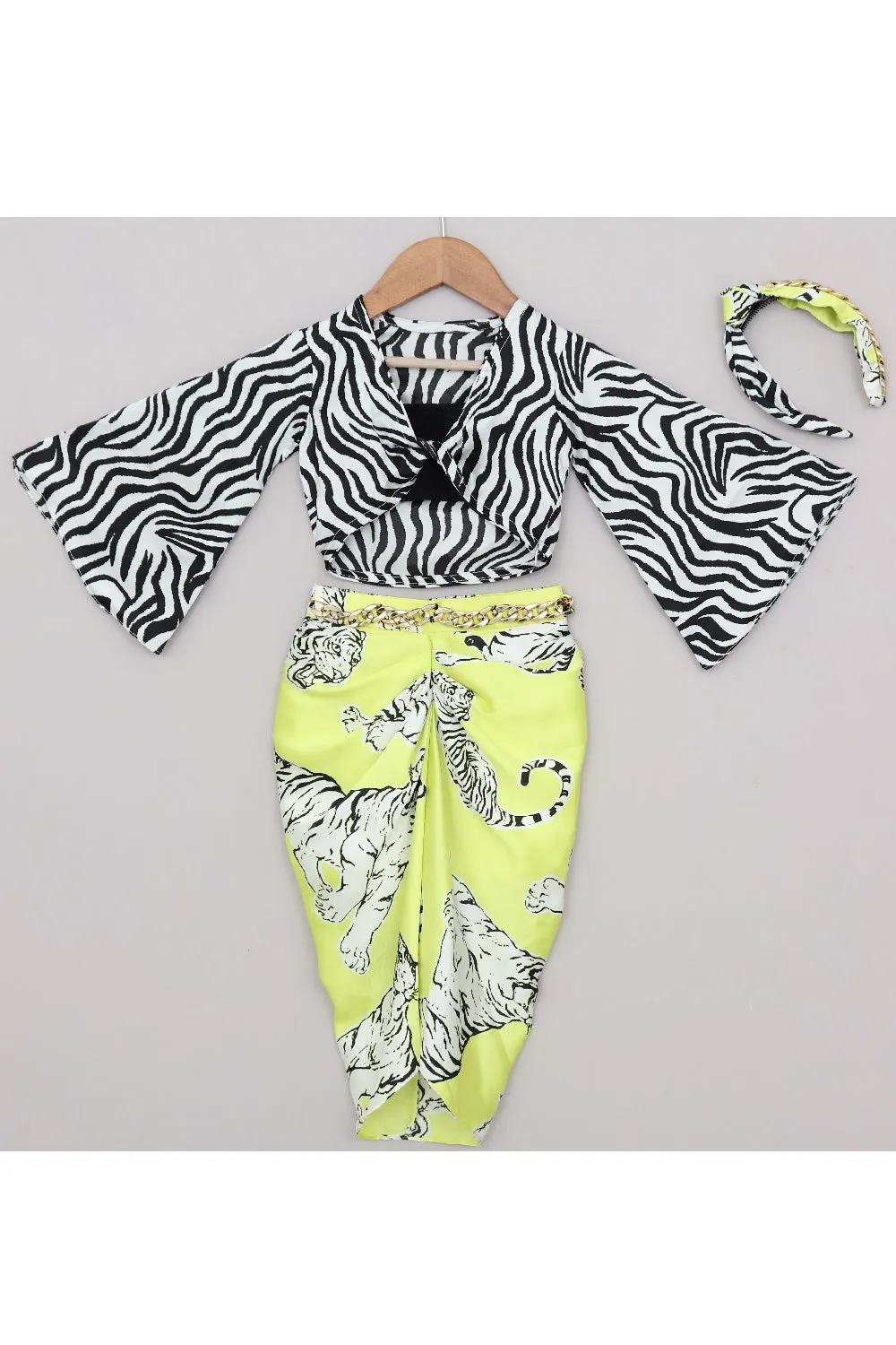 Black And White Animal Printed Shirt With Drape Skirt Set