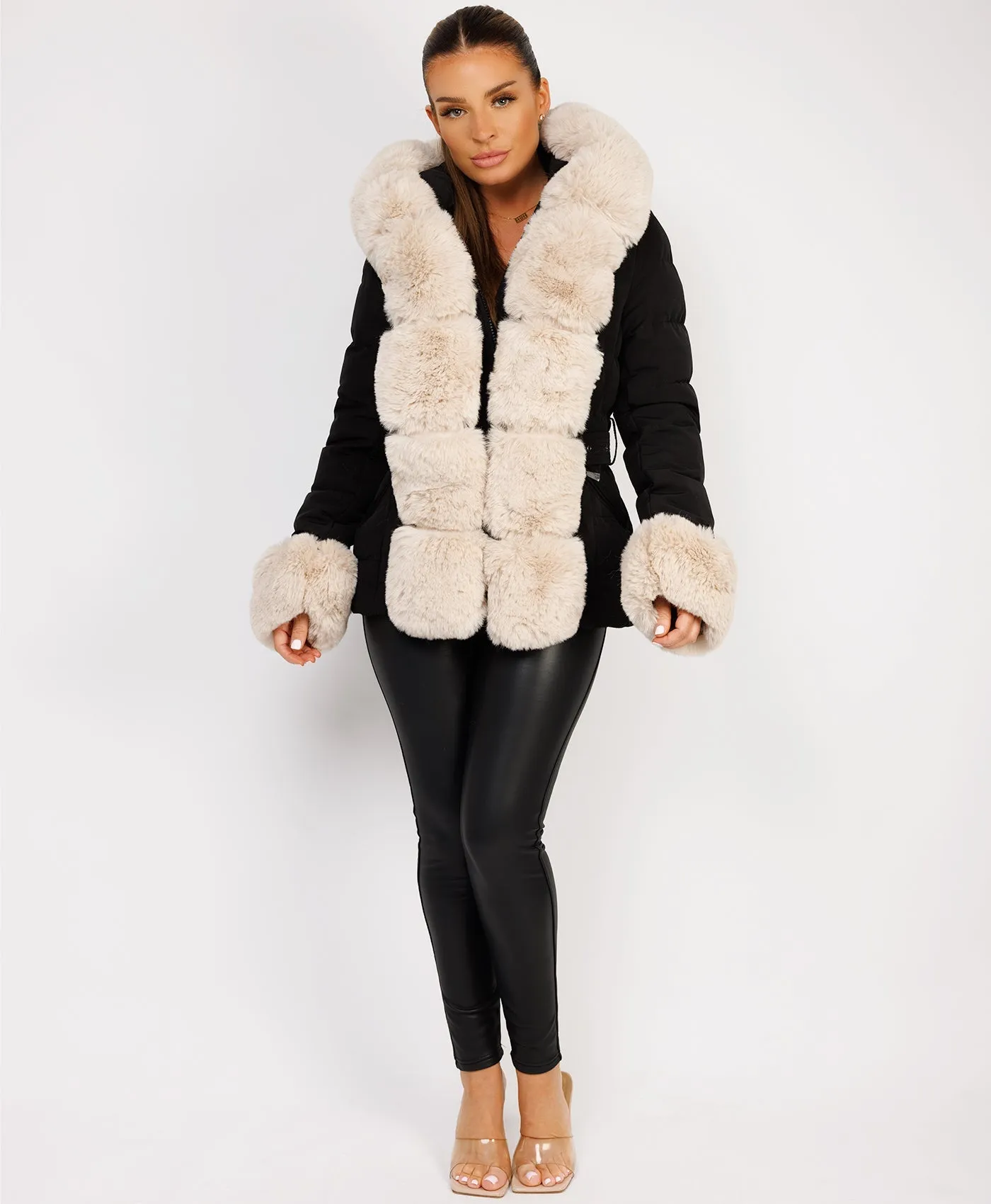 Black Beige Premium Faux Fur Trim Padded Parka Coat