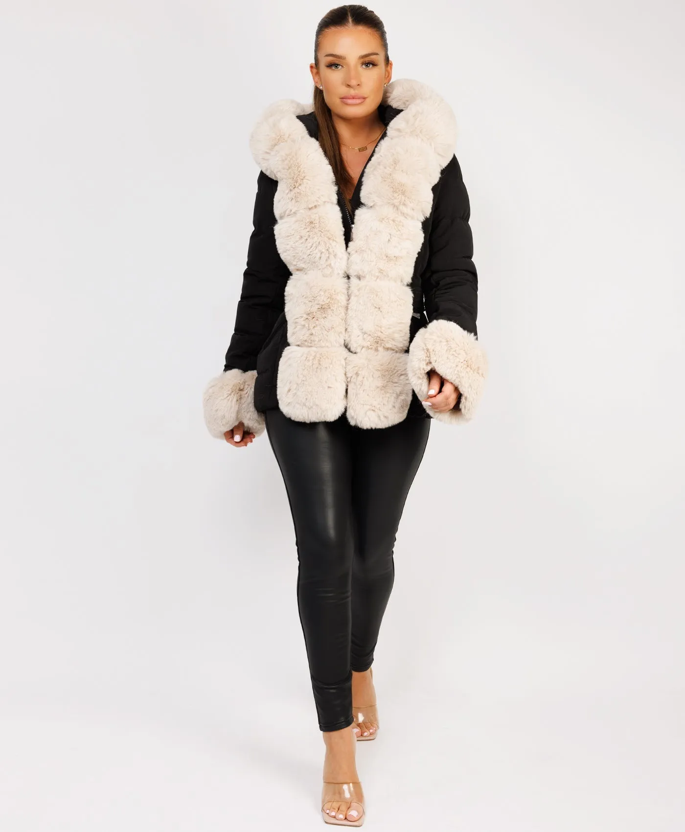 Black Beige Premium Faux Fur Trim Padded Parka Coat