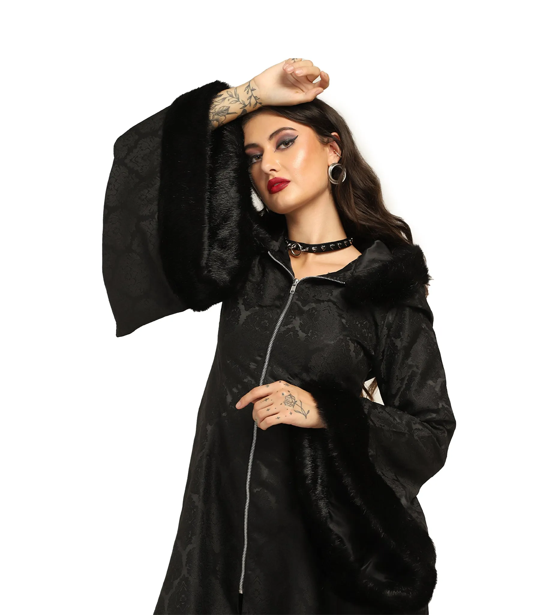 Black Brocade Long Coat with Fur-Trimmed Sleeves and Hood – Wholesale