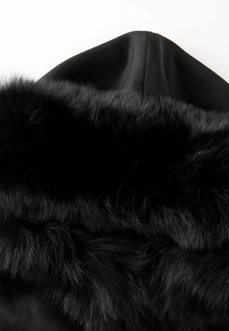 Black Fur Collar Wool Belted Coat