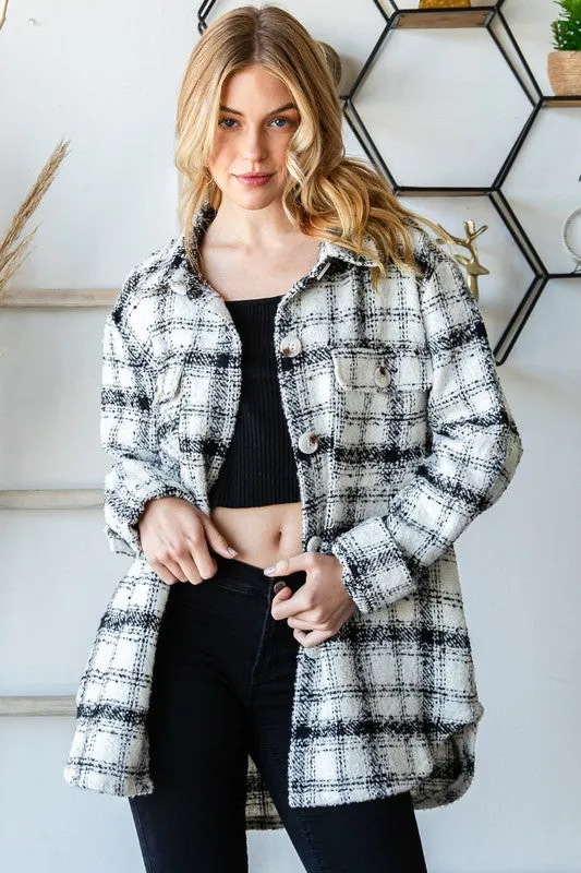 Black/White Plaid Tweed Flap Pocket Shacket