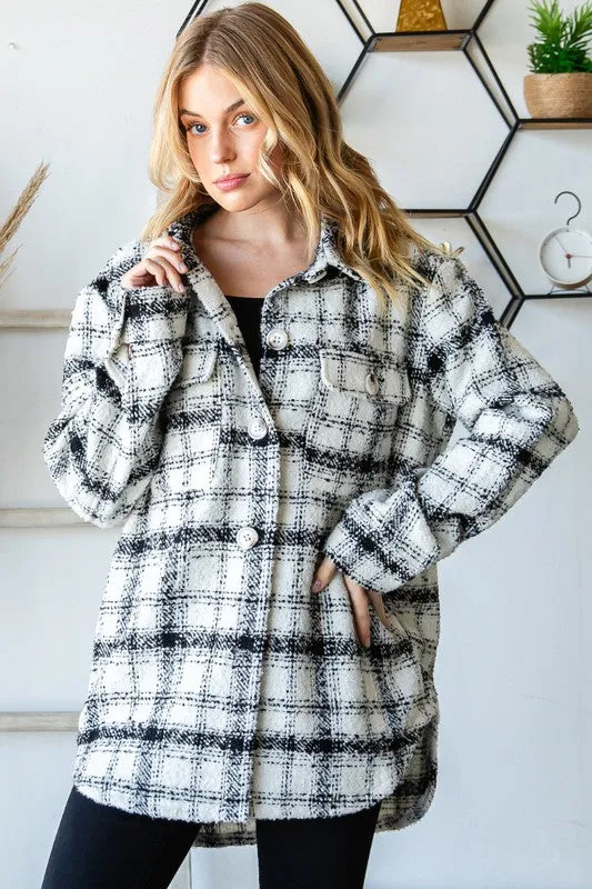 Black/White Plaid Tweed Flap Pocket Shacket