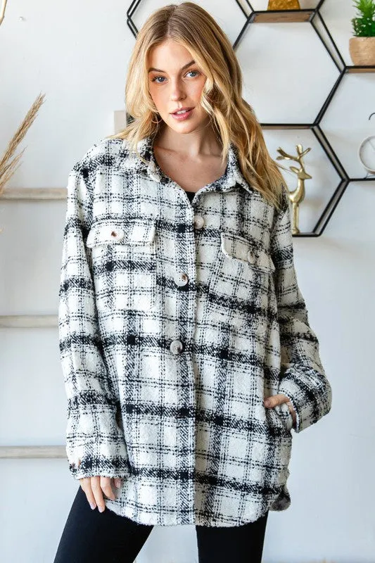 Black/White Plaid Tweed Flap Pocket Shacket