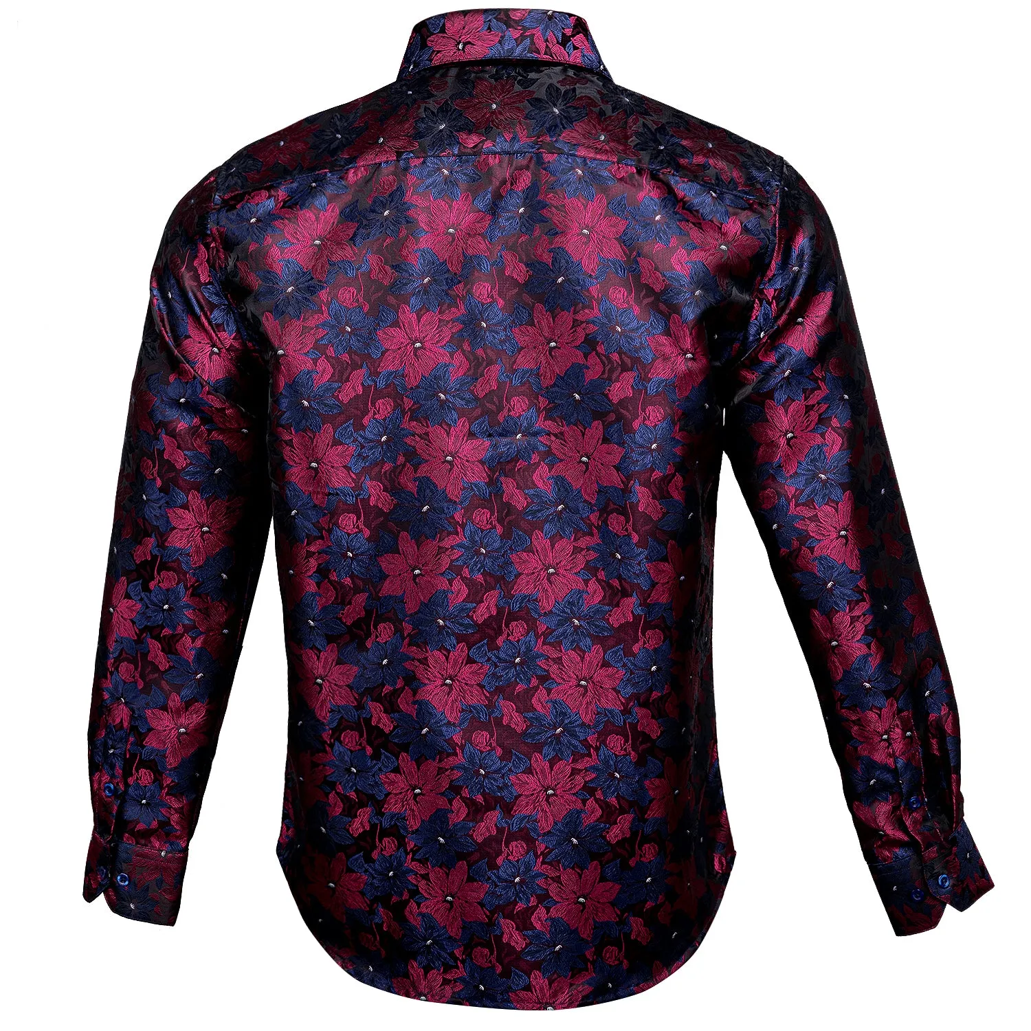 Blue Burgundy Floral Silk Men's Long Sleeve Shirt