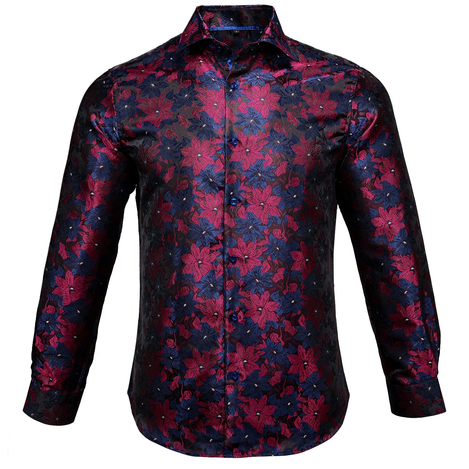 Blue Burgundy Floral Silk Men's Long Sleeve Shirt