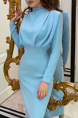 Blue Long Sleeve High Neck Dress