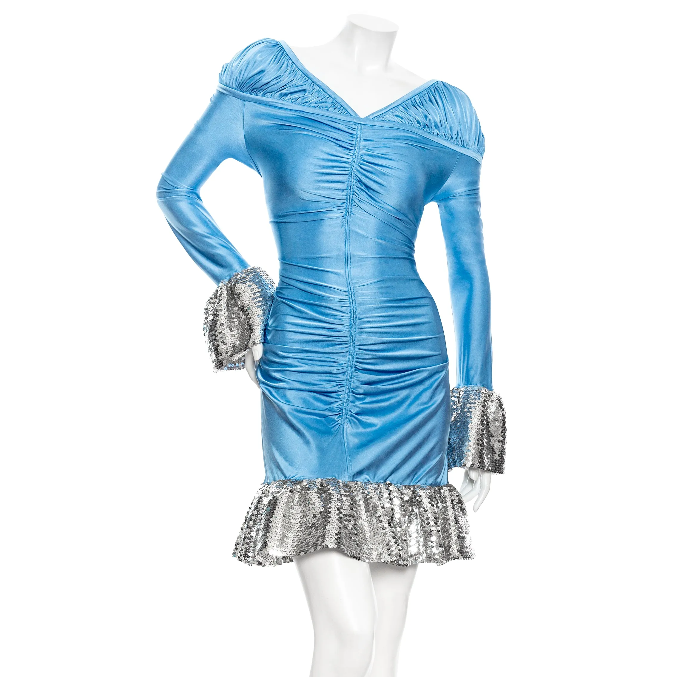 Blue Viscose-Blend Ruched Sequin Mini Dress