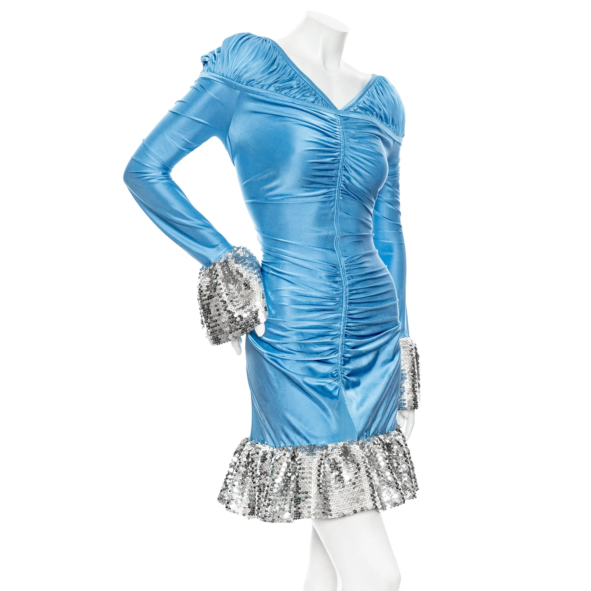 Blue Viscose-Blend Ruched Sequin Mini Dress