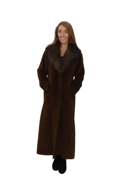 Brown Alpaca Coat with detachble Trim Raccoon Collar