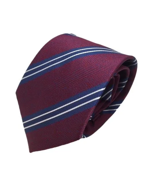 Burgundy, Blue and White Striped 2XL Tie with Herringbone Design