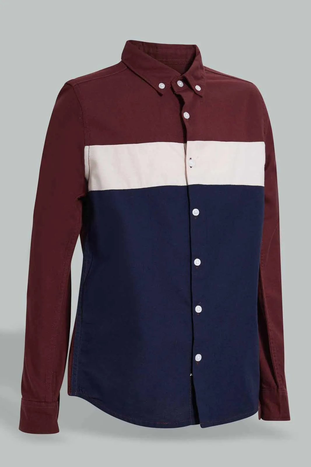 Burgundy Color Block Casual Shirt For Senior Boys