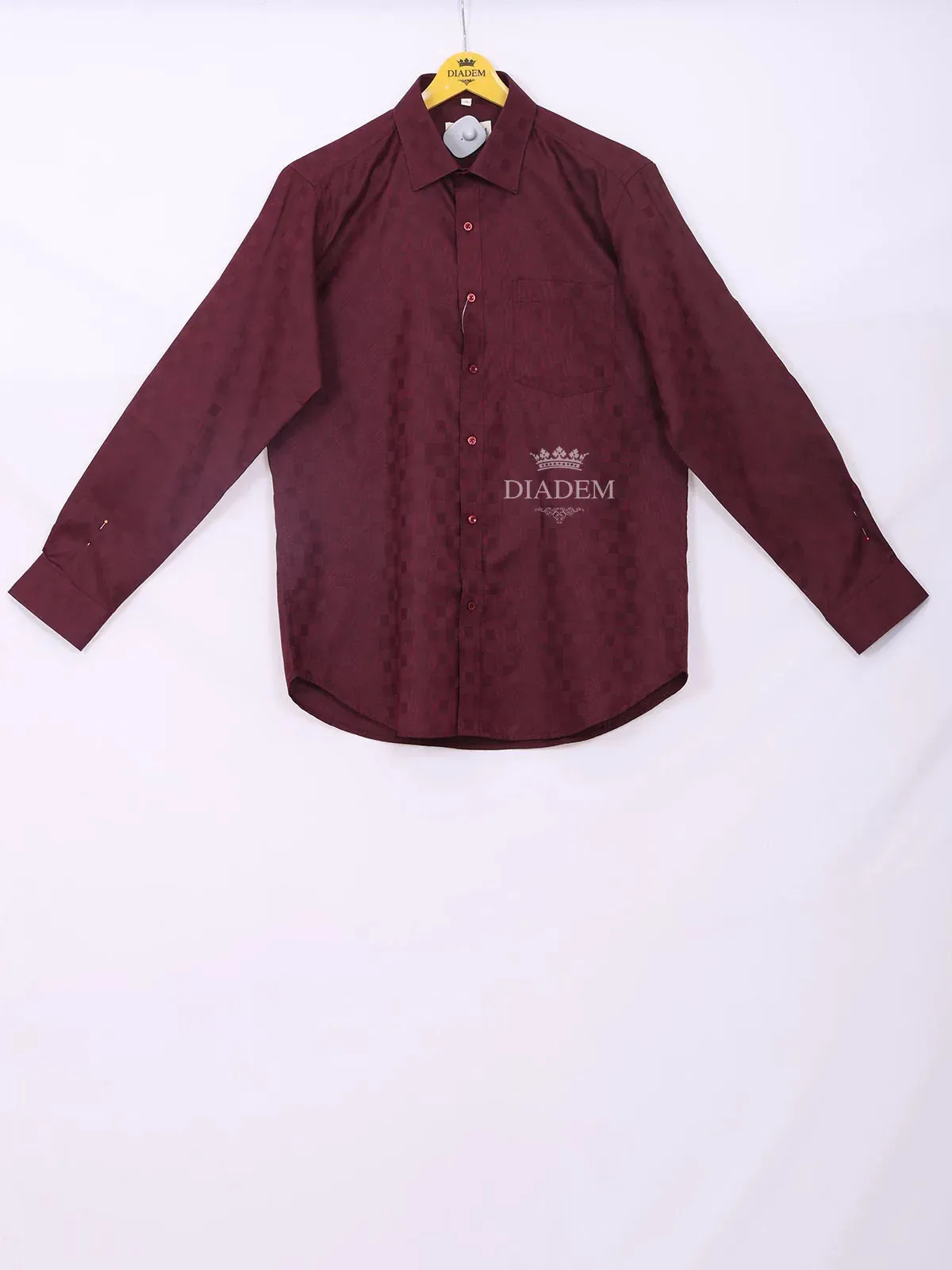 Burgundy Cotton Casual Shirt with Checked Design