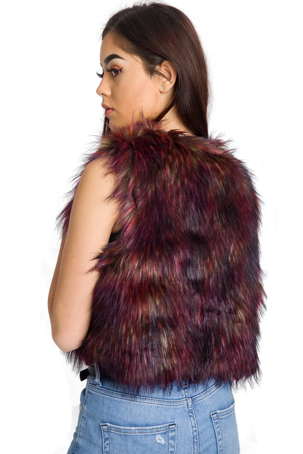 Burgundy Cropped Multi Colour Faux Fur Gilet