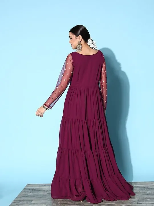 Burgundy Embroidered Detail Georgette Maxi Dress