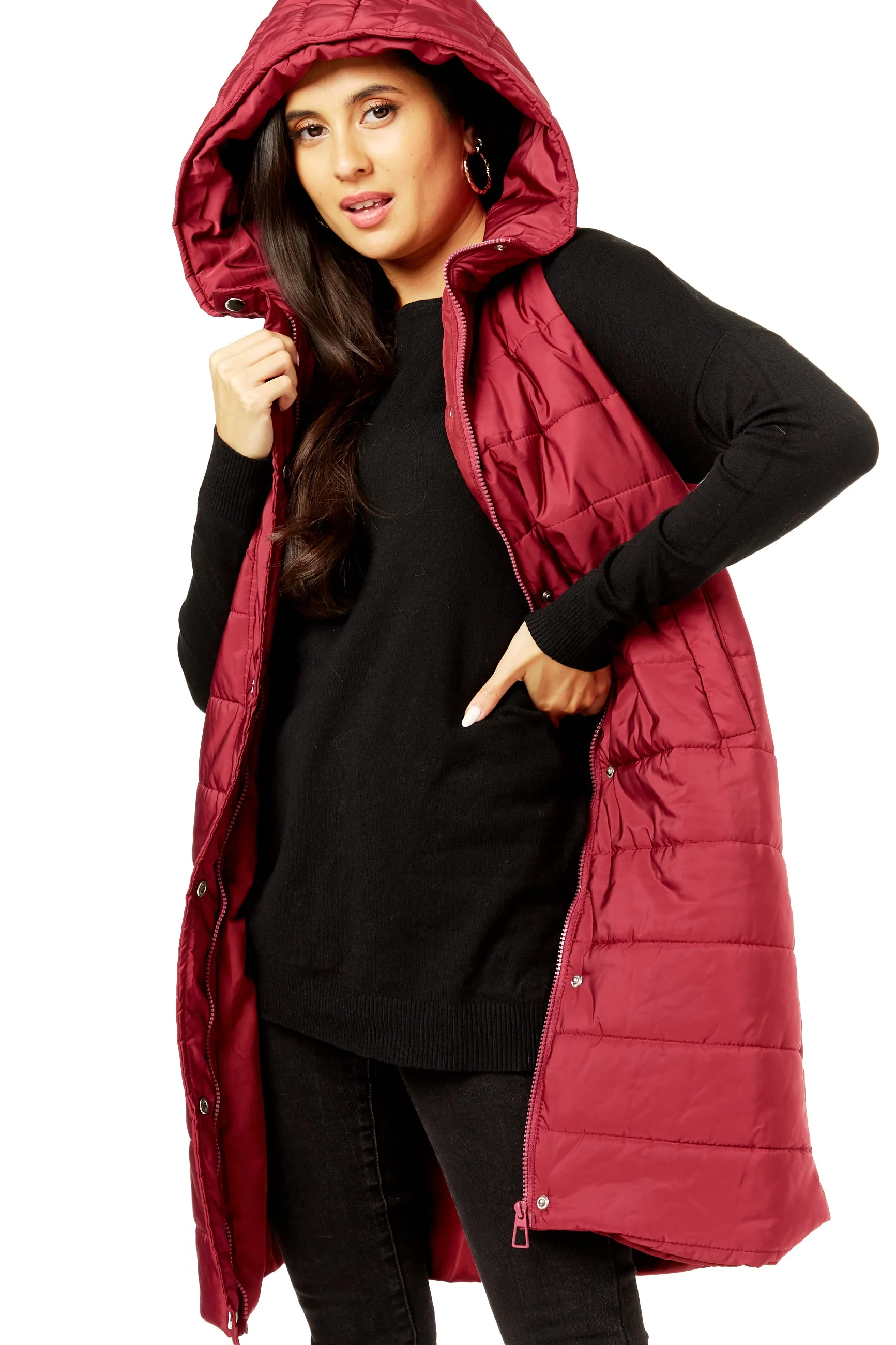 Burgundy Longline Padded Hooded Gilet