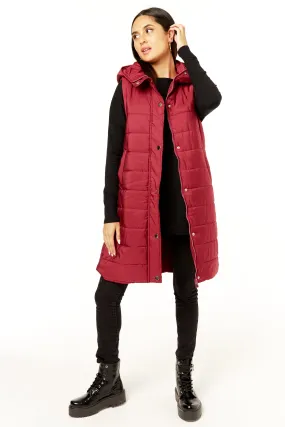 Burgundy Longline Padded Hooded Gilet