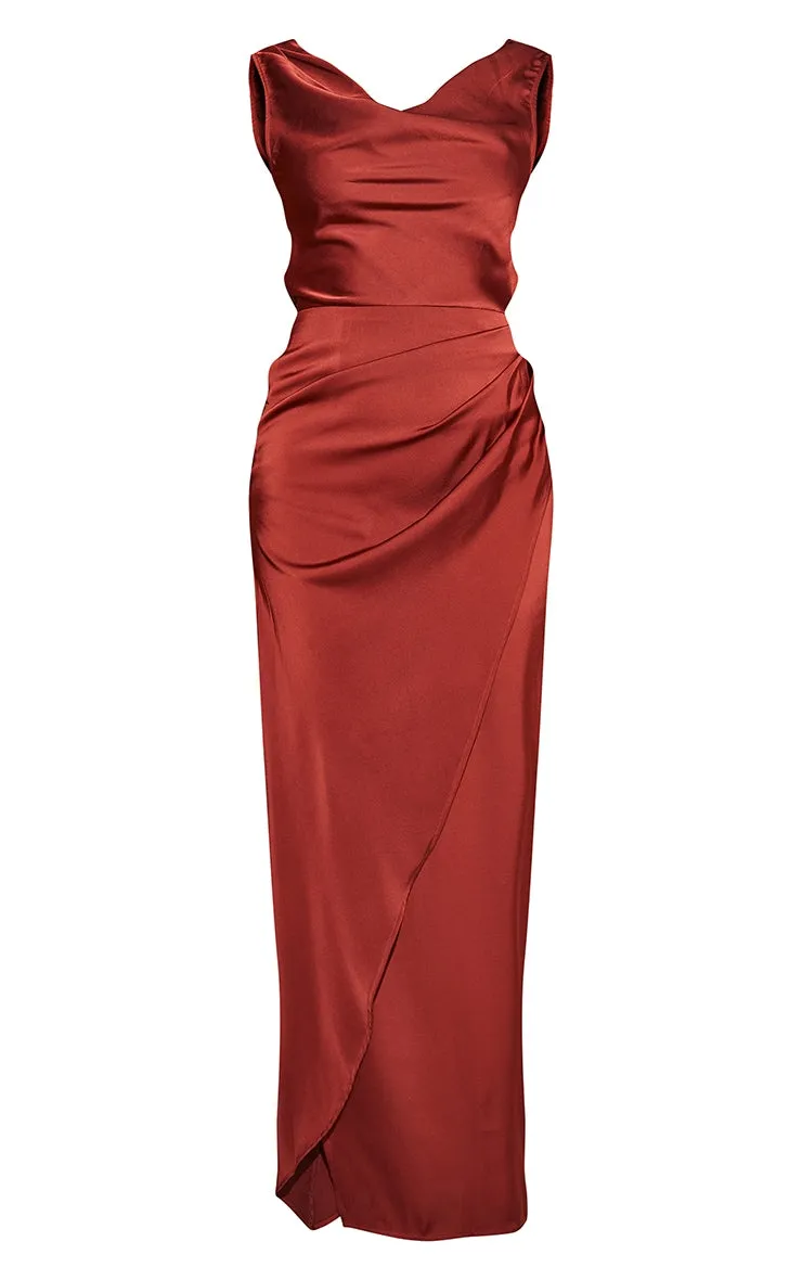 Burgundy Satin Cowl Neck Draped Maxi Dress