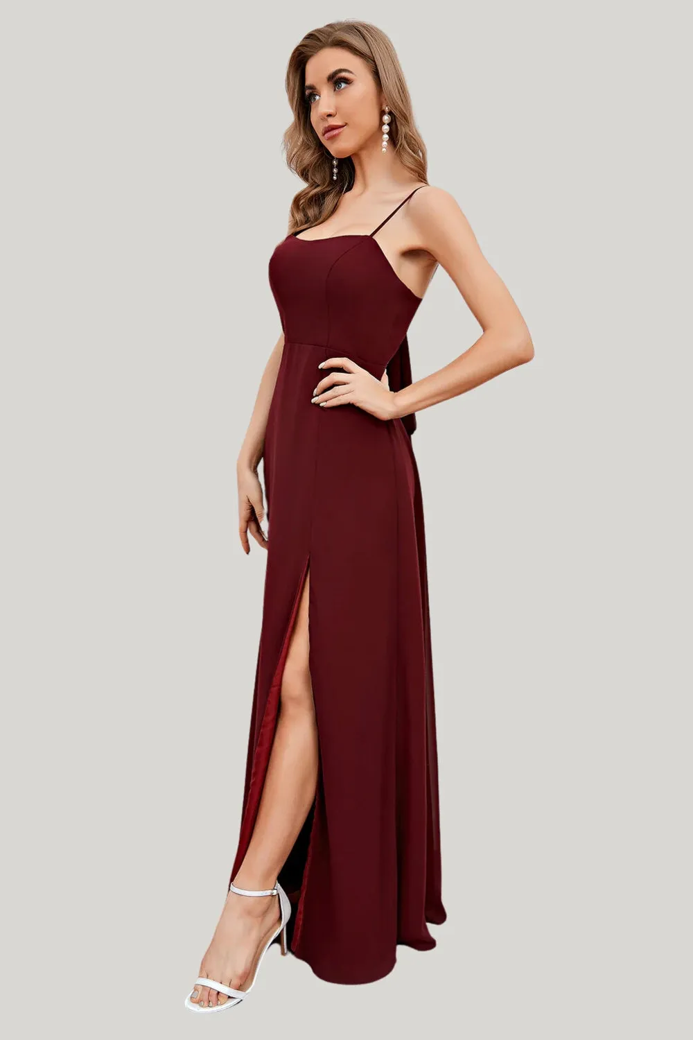 Burgundy Spaghetti Straps Maxi Dress with Slit