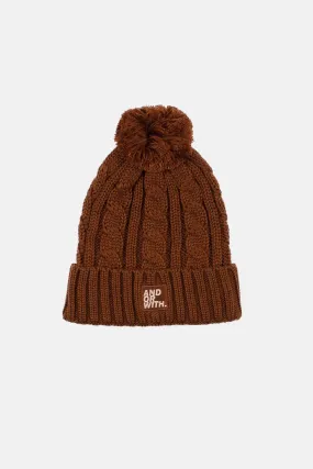 Cable Knit Pom Pom Beanie Brown