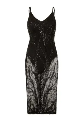 Candice Luxe Tree Black Sequin Leaf Sheer Bodysuit Midi Dress