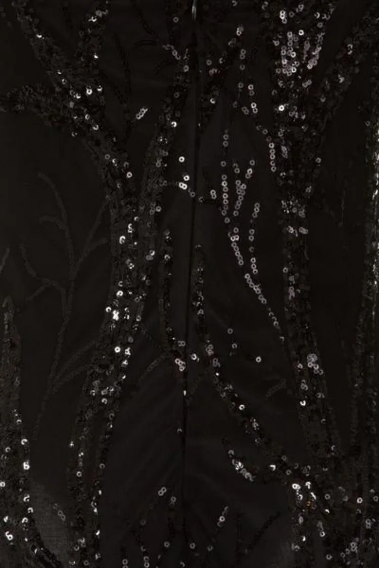 Candice Luxe Tree Black Sequin Leaf Sheer Bodysuit Midi Dress